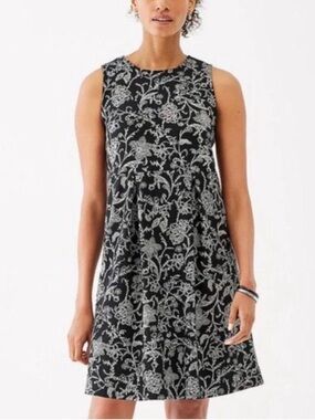 J. Jill Wearever Black White Floral Babydoll Dress Slinky 1X Boho High Neck Mod